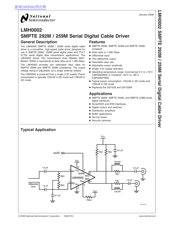 National Semiconductor LMH0002 SMPTE 292M 259M Serial Digital Cable Driver - Page 1