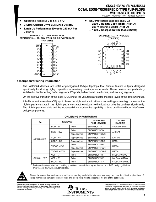 TEXAS INSTRUMENTS SN54AHC574, SN74AHC574 DATASHEET USER MANUAL - Page 1
