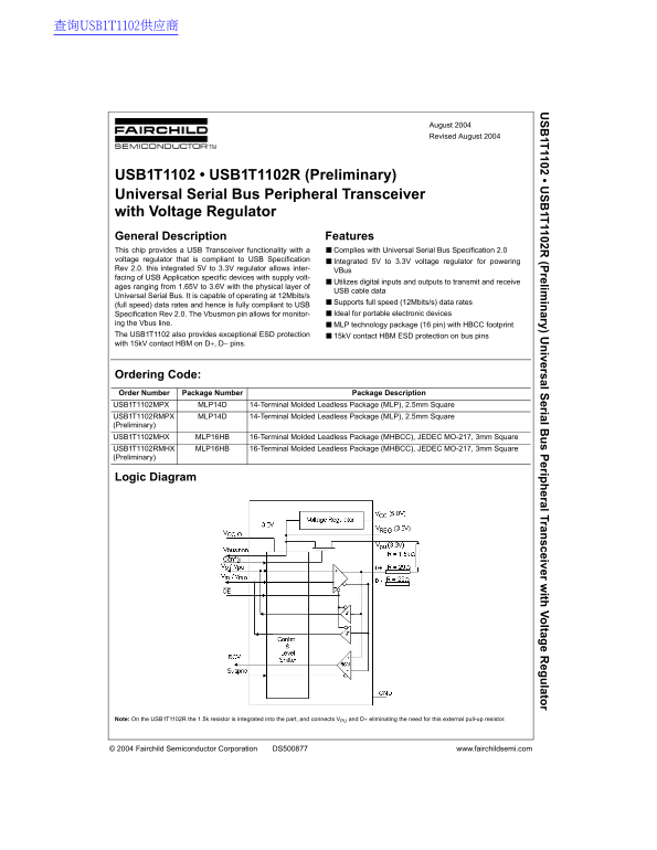 Fairchild USB1T1102 USB1T1102R (Preliminary) Data Manual - Page 1