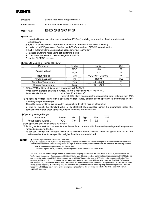 ROHM BA3430FS Data Sheet - Page 1