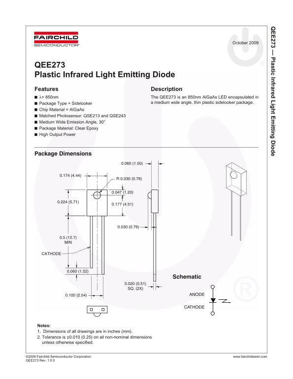 Fairchild QEE273 Plastic Infrared Light Emitting Diode Data Sheet - Page 1