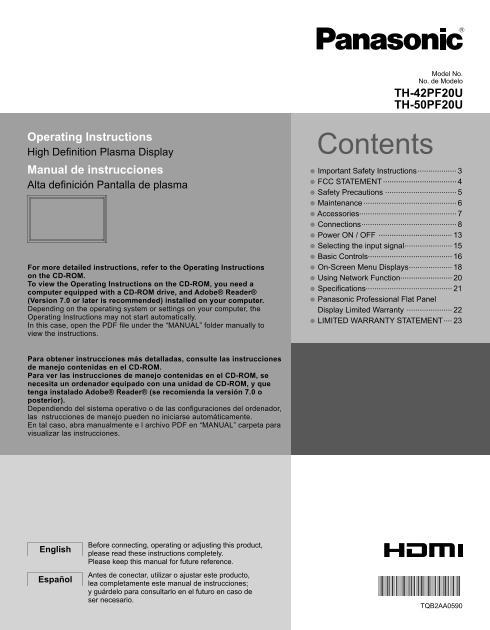 Panasonic TH-42PF20U TH-50PF20U User Manual - Page 1