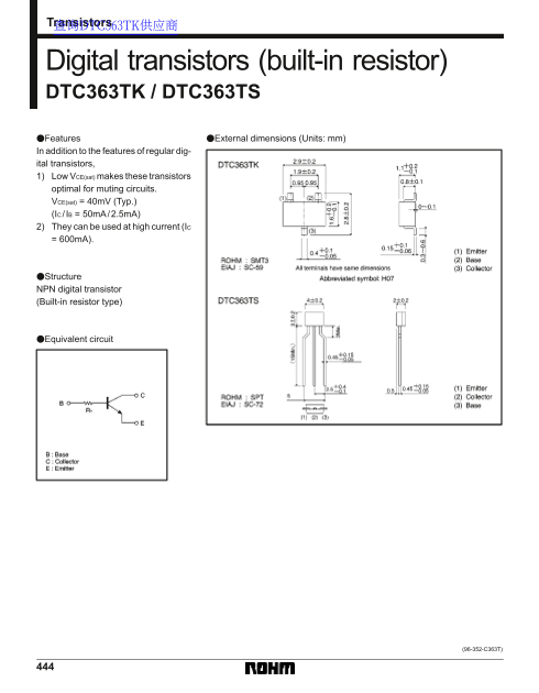 ROHM DTC363TK DTC363TS Digital Transistor Product Specifications User Guide - Page 1