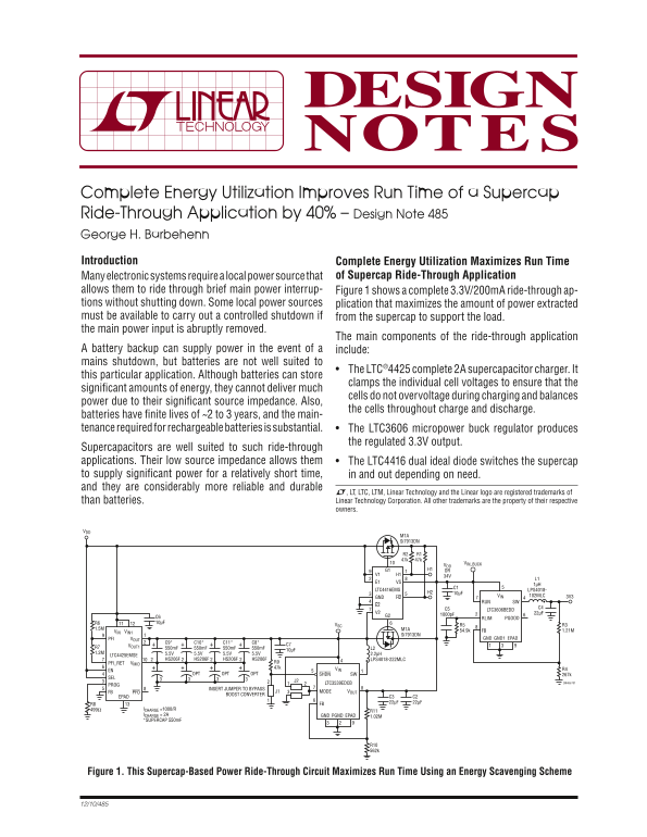 LINEAR Complete Energy Utilization Enhances Supercap Ride-Through Application Runtime by 40% – Design Note 485 George H. Barbehenn User Manual & Specification Guide - Page 1