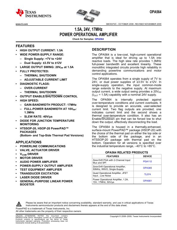 Texas Instruments OPA564 Data Sheet/Manual - Page 1