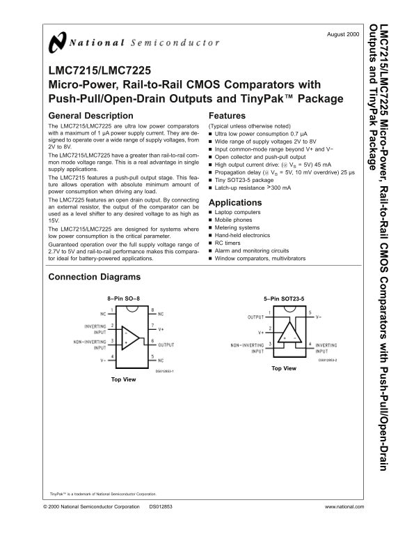 National Semiconductor LMC7215 LMC7225 Specifications and User's Manual - Page 1