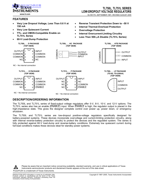 Texas Instruments TL750L, TL751L Series Low-Dropout Voltage Regulators Data Handbook Specifications User Manual - Page 1