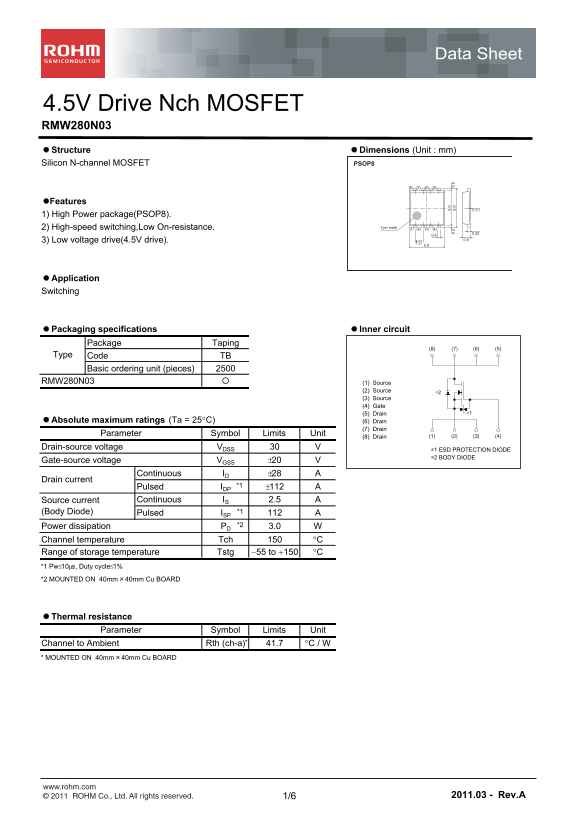 ROHM RMW280N03 Data Sheet - Page 1