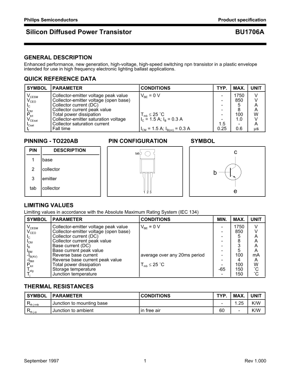 Philips Semiconductors BU1706A Data Sheet - Page 1