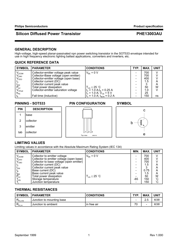 Philips Semiconductors PHE13003AU Data Sheet - Page 1