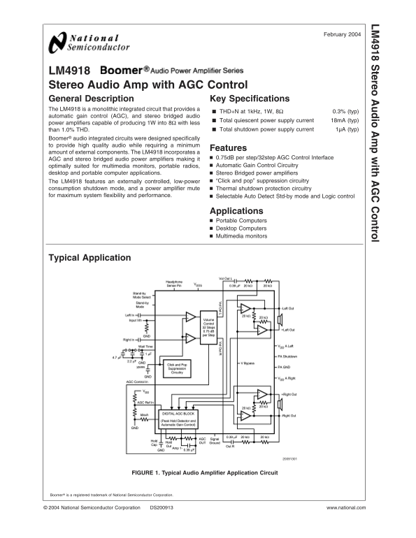 NATIONAL SEMICONDUCTOR LM4918 Stereo Audio Amplifier with AGC Control - Page 1