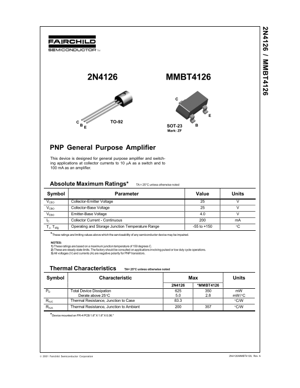 Fairchild 2N4126 MMBT4126 PNP General Purpose Amplifier Data Manual - Page 1