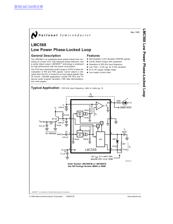National Semiconductor LMC568 Low Power Phase-Locked Loop Data Sheet - Page 1