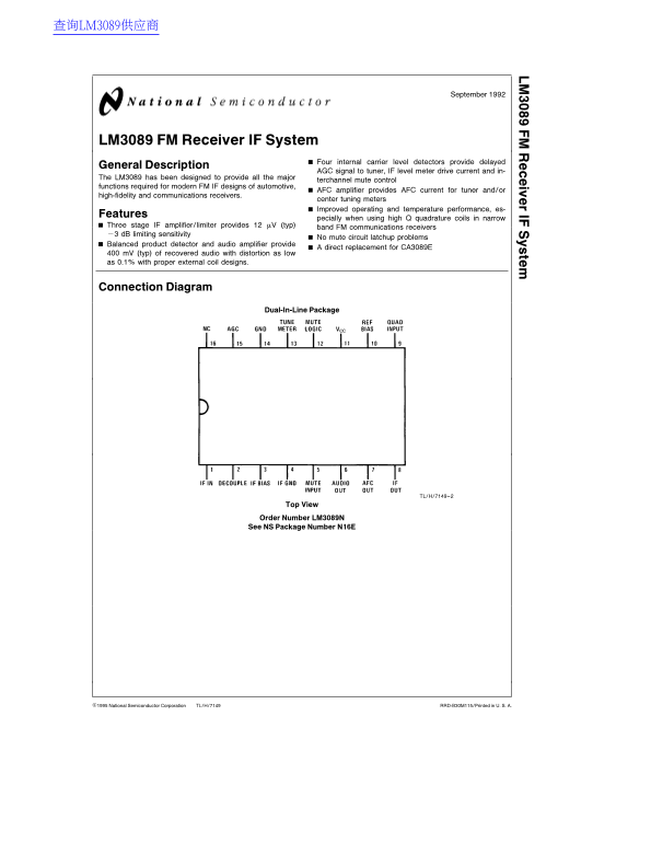 National Semiconductor LM3089 FM Receiver IF System Data Manual - Page 1