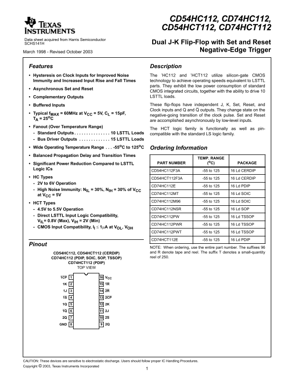 Texas Instruments CD54HC112, CD74HC112, CD54HCT112, CD74HCT112 Dual J- K Flip-Flop with Set and Reset Negative-Edge Trigger - Page 1