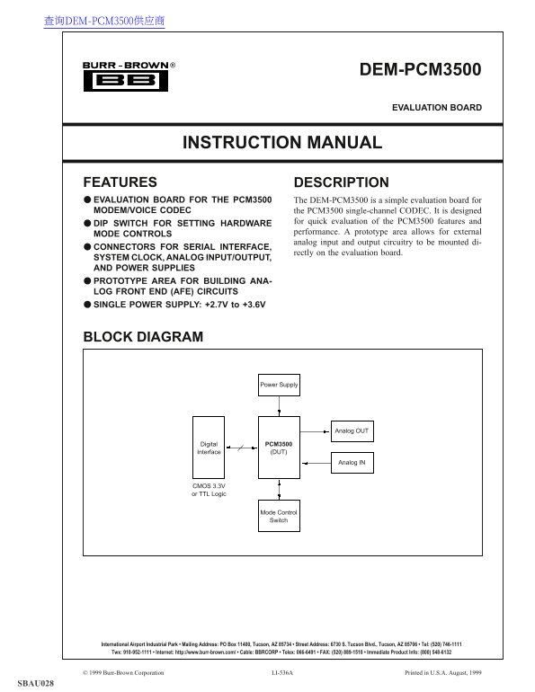 Texas Instruments DEM-PCM3500 Data Sheet - Page 1