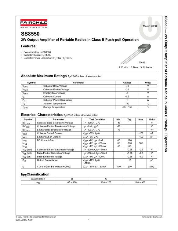 Fairchild SS8550 PNP Epitaxial Silicon Transistor Data Handbook - Page 1
