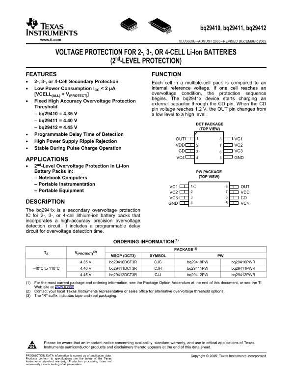 Texas Instruments bq29410 Data Sheet - Page 1