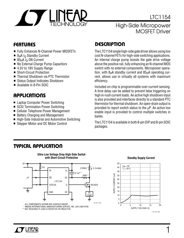 LINEAR TECHNOLOGY LTC1154 Specification Sheet User Guide - Page 1