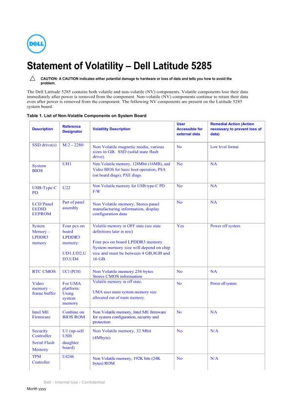 Dell Latitude 5285 Statement of Volatility - Page 1