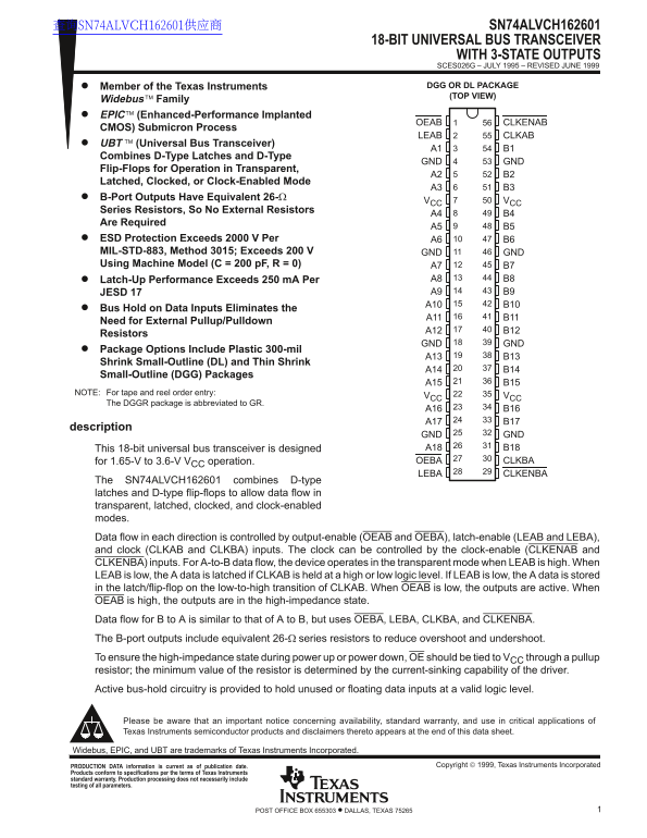 Texas Instruments SN74ALVCH162601 Data Sheet - Page 1