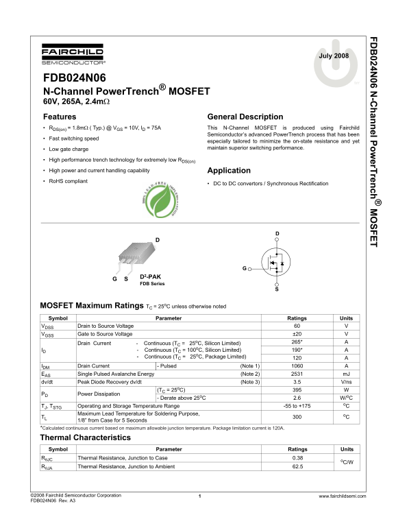 Fairchild FDB024N06 Technical Data Sheet - Page 1