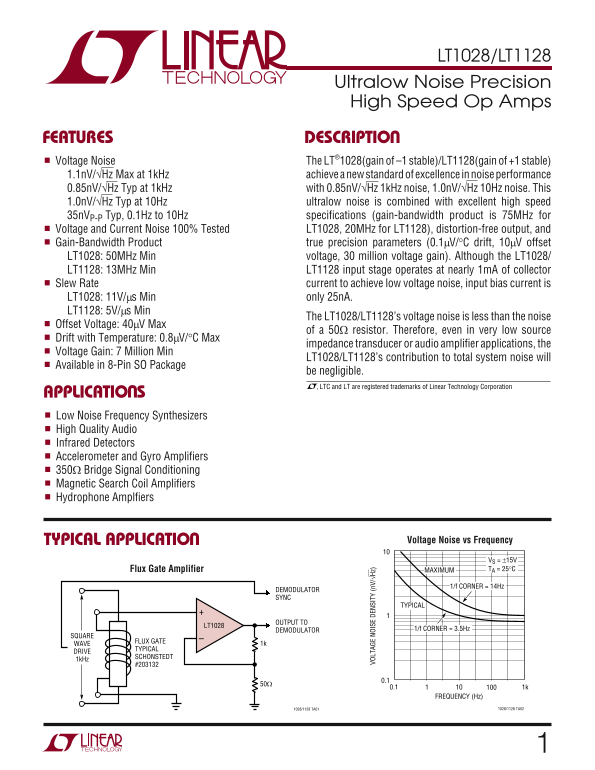 LINEAR TECHNOLOGY -LT1028 LT1128 Data Handbook/Specifications Sheet - Page 1