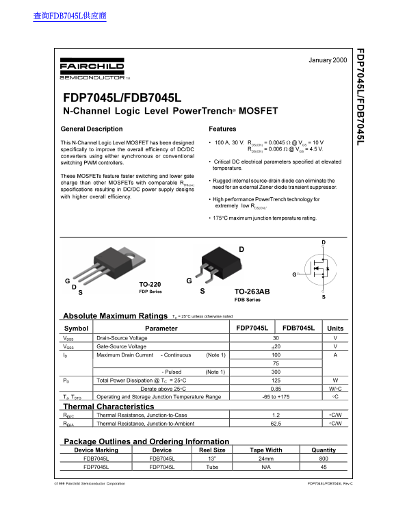 Fairchild FDP7045L FDB7045L Data Handbook - Page 1