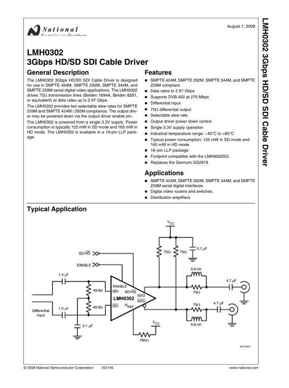 NATIONAL SEMICONDUCTOR LMH0302 3Gbps HD SD SDI Cable Driver Manual User Guide - Page 1