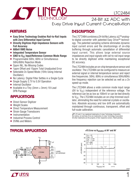 LINEAR TECHNOLOGY - 1 LTC2484 Data Sheet User Manual - Page 1