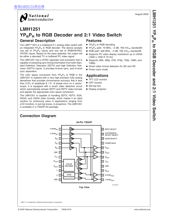 National Semiconductor LMH1251 YPBPR to RGB Decoder Data Sheet and 2x1 Video Switch Owner's Manual - Page 1