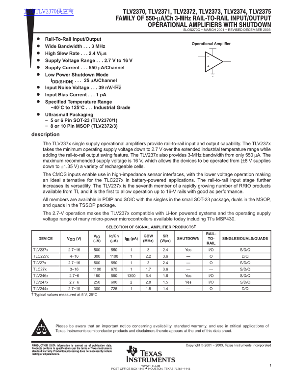 Texas Instruments TLV2370 Data Sheet - Page 1