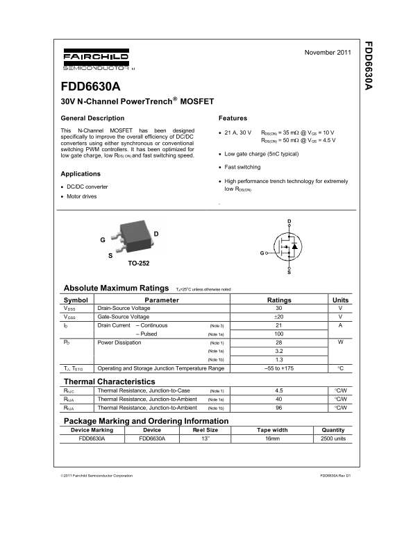 Fairchild FDD6630A 30V N-Channel PowerTrench MOSFET Data Sheet - Page 1