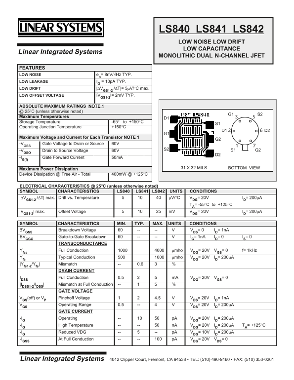 LINEAR SYSTEMS LS840 LS841 LS842 DATASHEET - Page 1