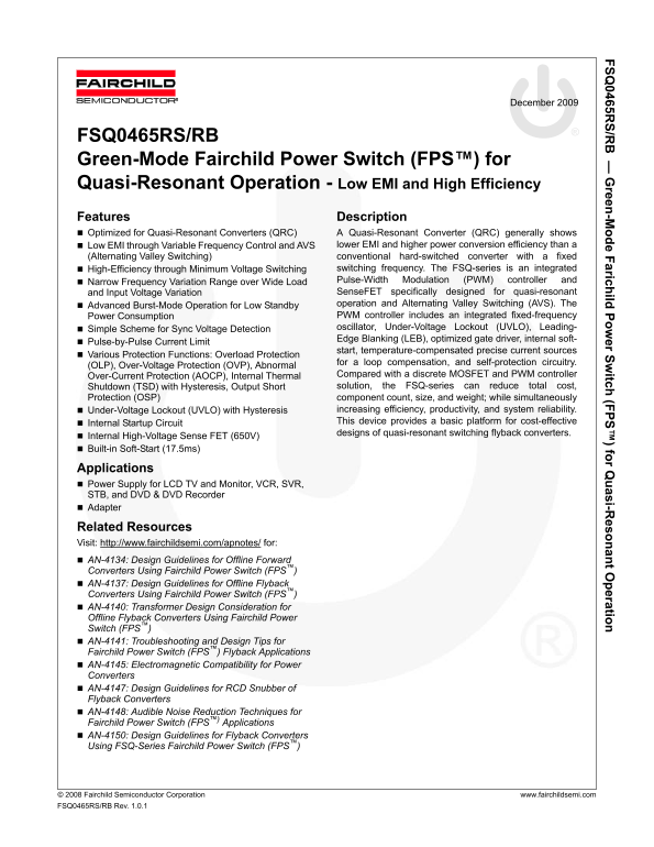 Fairchild FSQ0465RS RB- Green-Mode Power Switch (FPM) - Quasi-Resonant Operation - Low EMI and High Efficiency Data Sheet - Page 1