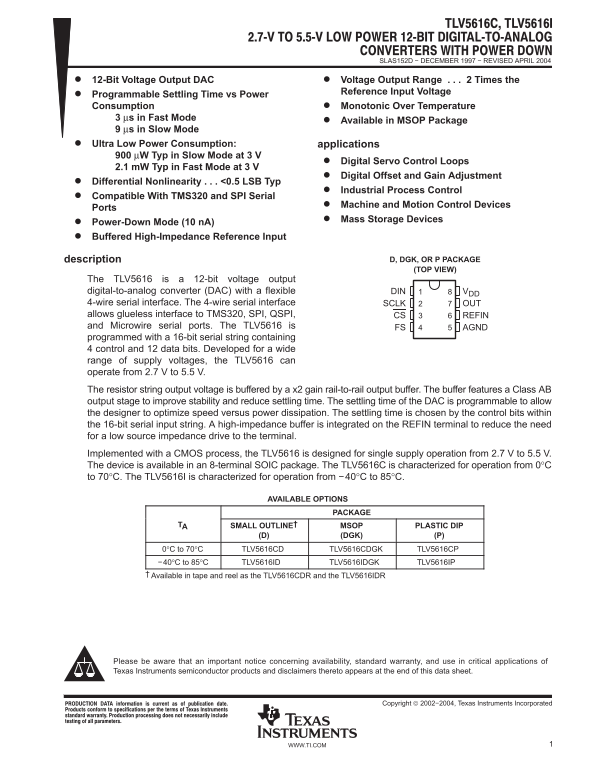 Texas Instruments TLV5616C Data Sheet - Page 1