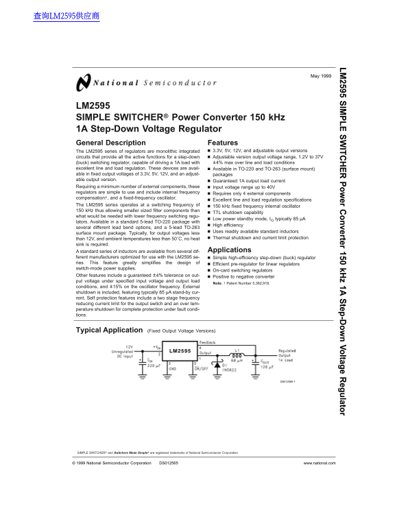 National Semiconductor LM2595 Simple Switcher Power Converter 150 kHz 1A Step-Down Voltage Regulator - Page 1