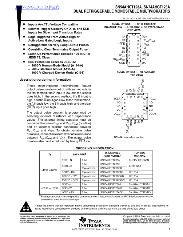 Texas Instruments SN54AHCT123A, SN74AHCT123A Data Sheet - Page 1