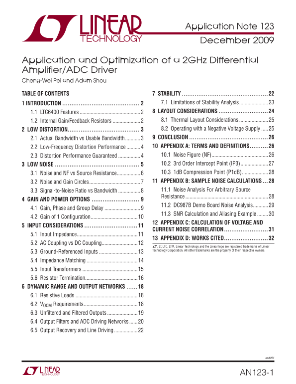 LINEAR Application Note AN123: Application and Optimization of a 2GHz Differential Amplifier ADC Driver Manual User Guide - Page 1