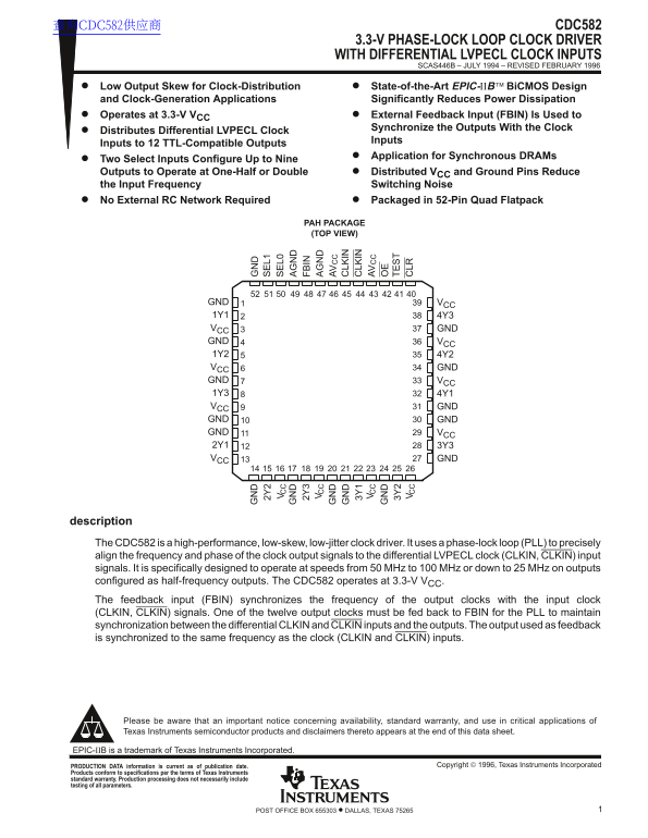 Texas Instruments CDC582 3.3-V Phase-Locked Loop Clock Driver with Differential LVPECL Clock Inputs - Page 1
