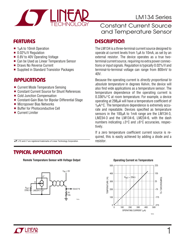 LINEAR TECHNOLOGY LM134 Series Data Sheet - Page 1