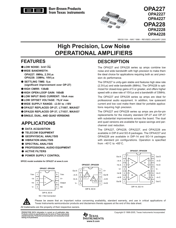 Texas Instruments OPA2227 OPA4227 OPA2228 OPA4228 User Manual and Specifications - Page 1