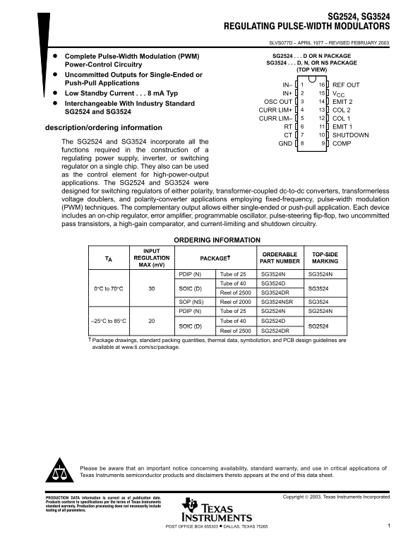 Texas Instruments SG2524 SG3524 Data Sheet Manual - Page 1