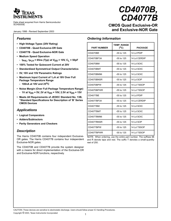 Texas Instruments CD4070B, CD4077B CMOS Quad Exclusive-OR and Exclusive-NOR Gate Data Manual - Page 1