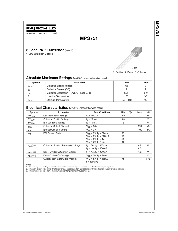 Fairchild MPS751 Silicon PNP Transistor Data Handbook - Page 1