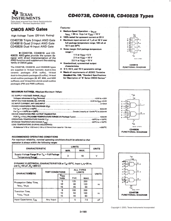 Texas Instruments CD4073B, CD4081B, CD4082B Data Sheet - Page 1