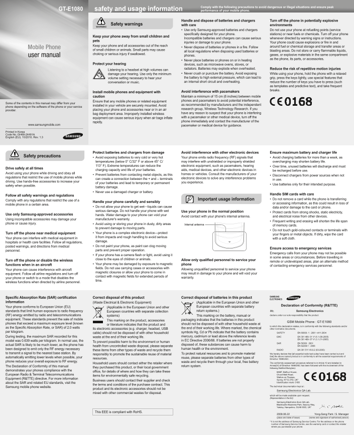 Samsung Galaxy GT-E1080 User Guide - Page 1