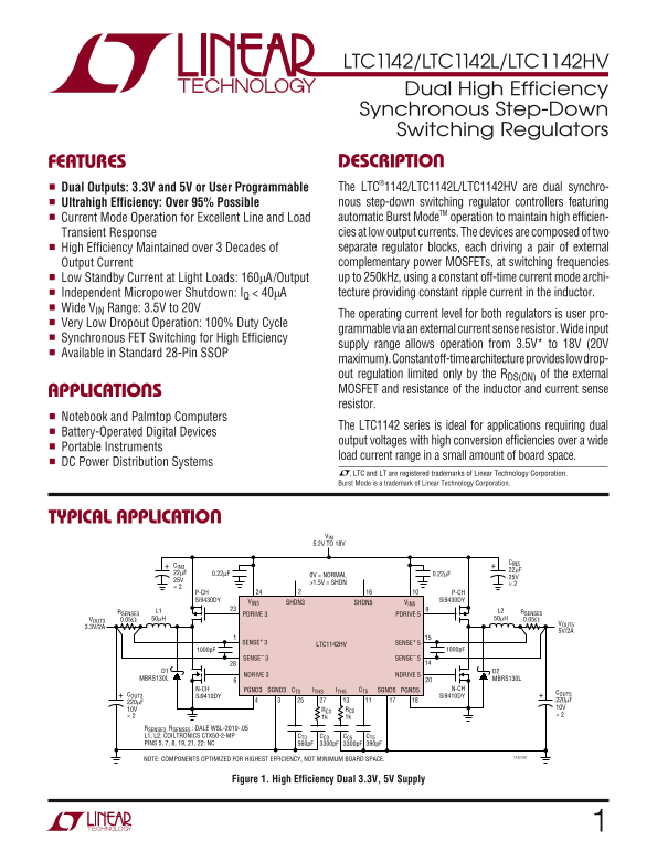 LINEAR TECHNOLOGY LTC1142 LTC1142L LTC1142HV Dual High Efficiency Synchronous Step-Down Switching Regulators Data Manual User Guide - Page 1