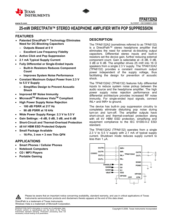 Texas Instruments TPA6132A2 25-mW DirectPath™ Stereo Headphone Amplifier with Pop Suppression - Page 1