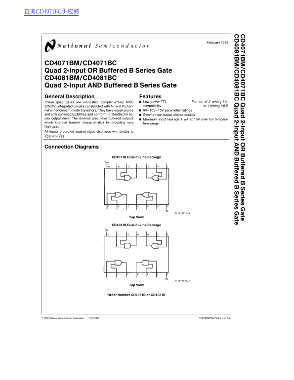 National Semiconductor CD4071BM CD4071BC Quad 2-Input OR Buffered B Series Gate Data Sheet - Page 1